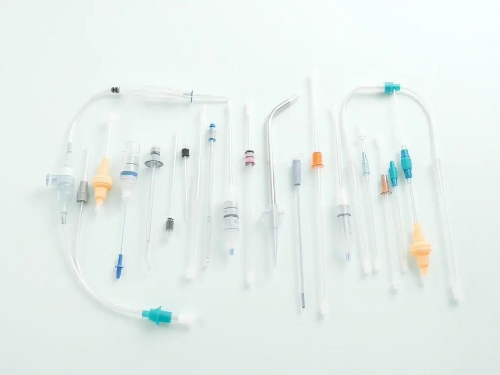 An image displaying different types of infusion catheters and accessories, neatly organized to showcase their variety and precision.