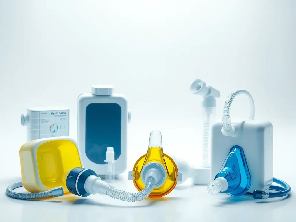 An image showcasing various respiratory products including nebulizers and oxygen masks, arranged in a clean and professional setting, highlighting their use in patient care.
