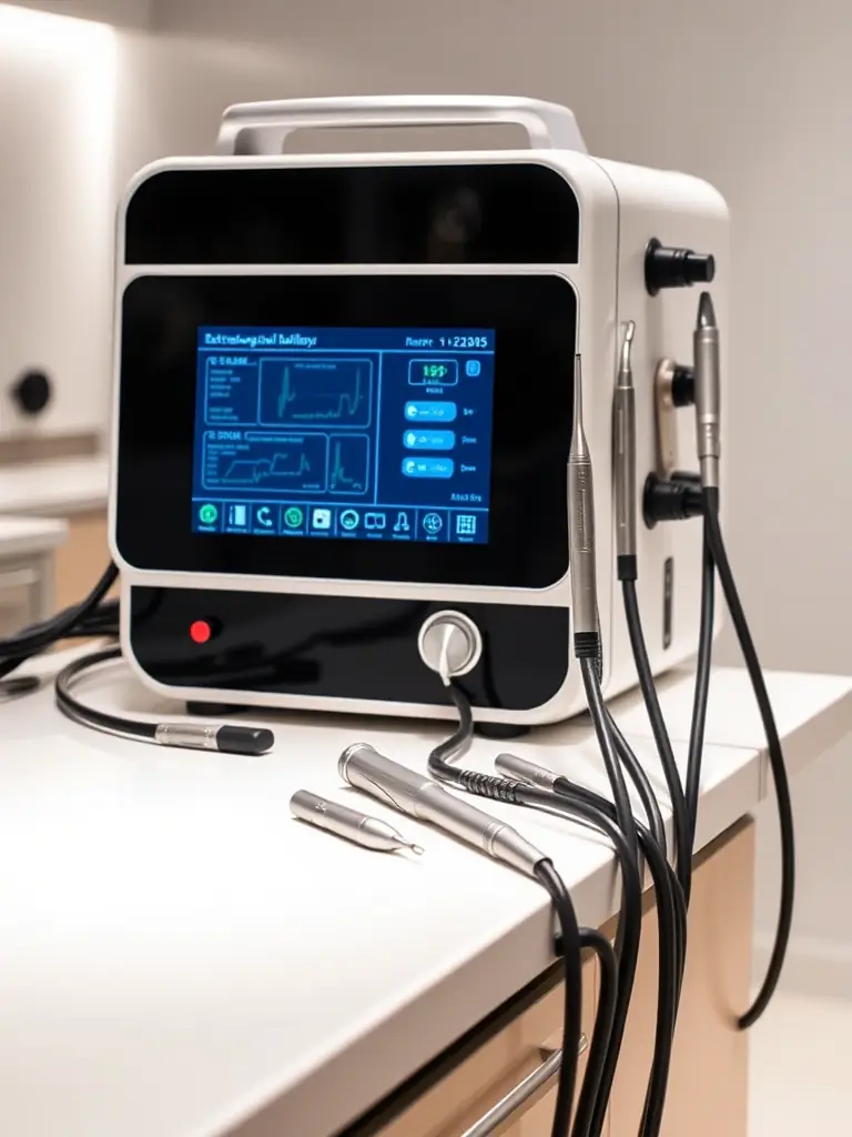 A modern electrosurgical unit with a digital display, various handpieces, and a smoke evacuation system, set against a clean, clinical background, showcasing its advanced technology and versatility in surgical procedures.