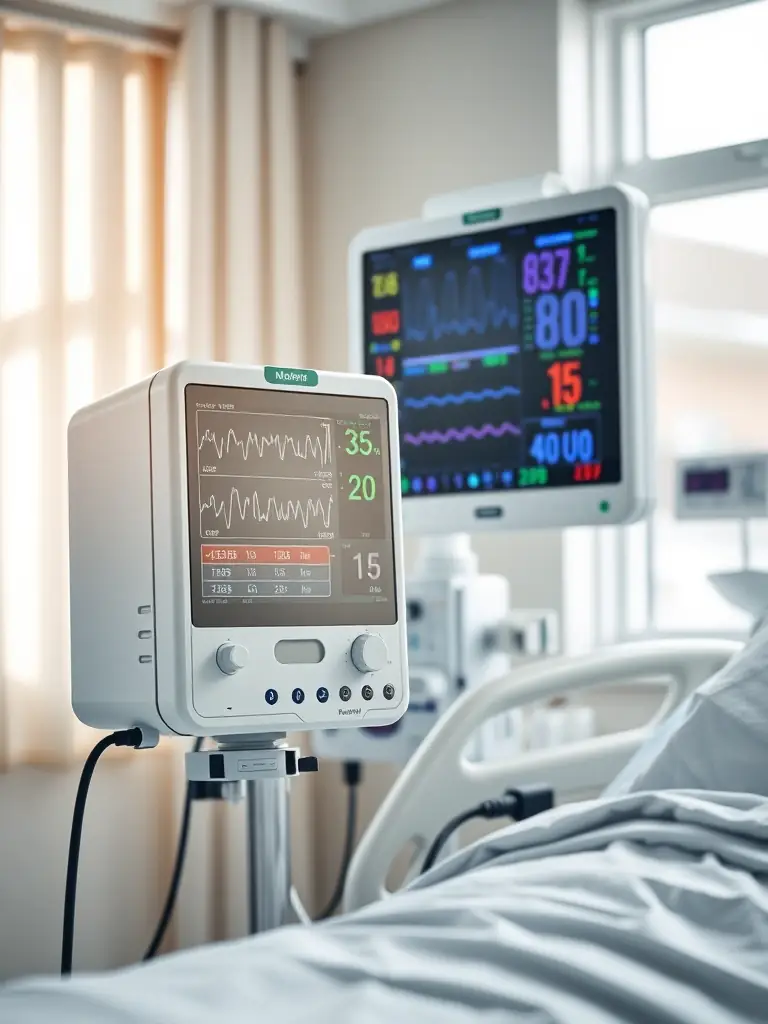 A high-resolution patient monitor displaying vital signs such as ECG, SpO2, NIBP, and temperature, with clear, easy-to-read waveforms and numerical data, emphasizing its comprehensive monitoring capabilities.