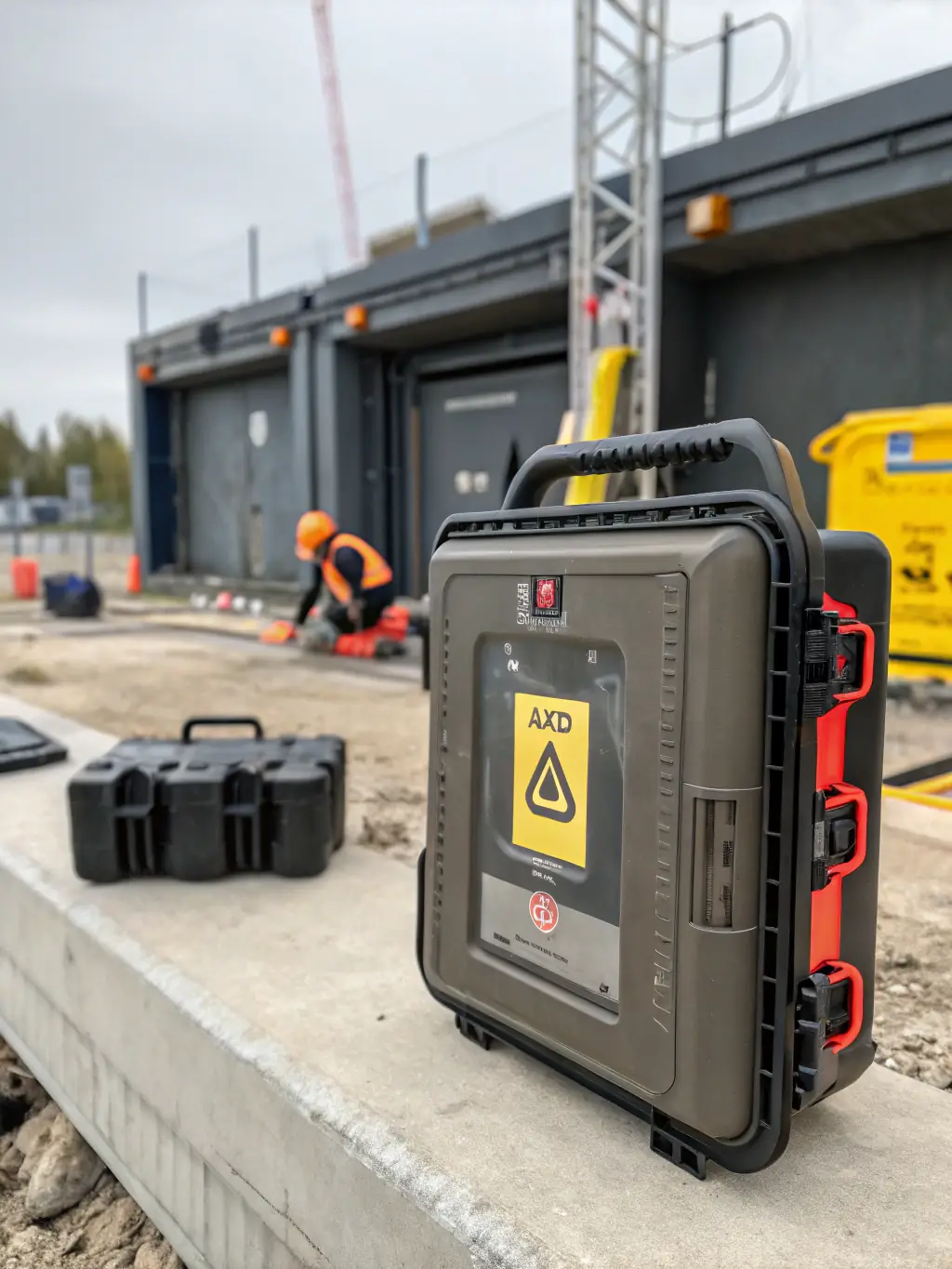 An automated external defibrillator (AED) with clear visual and audio prompts, ready for use in an emergency situation, emphasizing its ease of use and life-saving potential.