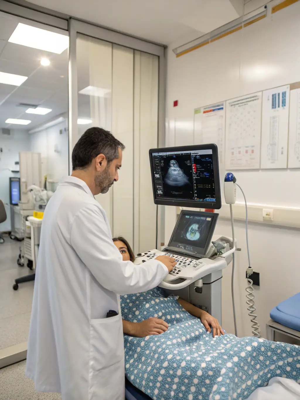 A portable ultrasound machine with a high-frequency linear probe, displaying a detailed image of a vascular structure, highlighting its diagnostic capabilities in various clinical settings.